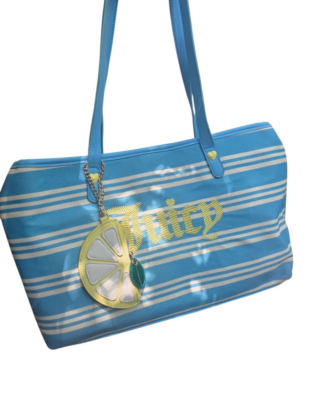 Juicy Couture Blue and White Striped Tote with Lemon Charm